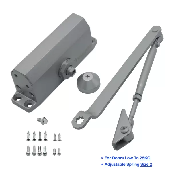 FR5012AW Hydraulic Automatic Door Closer, Adjustable Spring Size 2, Regular Arm, Cast Aluminum Body