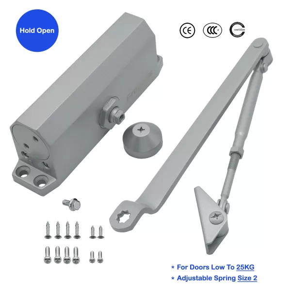 FR5022AD Hydraulic Auto Aluminum Door Closer, Adjustable Spring Size 2, Regular Arm, Hold Open, CE Certified