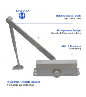 FR5022AD Hydraulic Auto Aluminum Door Closer, Adjustable Spring Size 2, Regular Arm, Hold Open, CE Certified