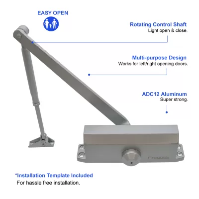 FR5022AD Hydraulic Auto Aluminum Door Closer, Adjustable Spring Size 2, Regular Arm, Hold Open, CE Certified