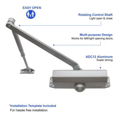 FR5034AW Hydraulic Automatic Door Closer, Adjustable Spring Size 4, Regular Arm, Cast Aluminum Body